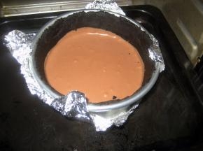 用锡纸将蛋糕模具包住，放进注入1CM左右开水的烤盘中，烤箱下层，160度烤50-60分钟（中途开烤箱看下烤盘有无开水，如没有需补足开水）；