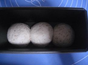 松驰好的面团再次排气，滚圆。放入吐司模中；