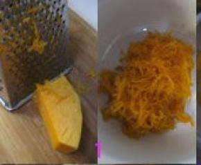 配方中生南瓜用擦丝工具擦成细丝，稍微挤下南瓜丝的水份，放冰箱冷藏；