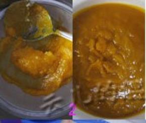 余下的南瓜切小块，放微波容器中高火打5分钟，取出去皮，用勺子碾成泥，拿过滤筛滤出南瓜泥。放冰箱冷藏；