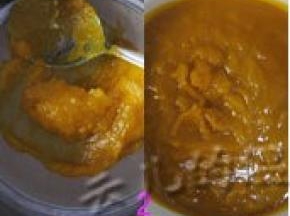 余下的南瓜切小块，放微波容器中高火打5分钟，取出去皮，用勺子碾成泥，拿过滤筛滤出南瓜泥。放冰箱冷藏；