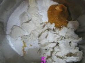 冷藏17小时的中种面团撕成小块，与主面团材料（除无盐牛油、生南瓜和烘香葵花子外）混合
   在一起，揉至扩展阶段