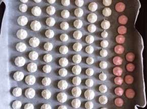 烤盘内放张油纸，将蛋白糊挤入，大小尽量一致