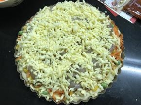 11、再在上面铺上一层马苏里拉芝士。