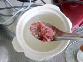 炖锅里倒入开水，先放入肉末。