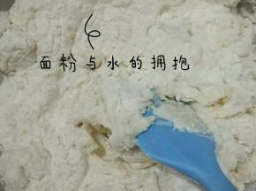 先将水倒入面粉搅拌均匀，因为水量较少拌不匀也没关系
