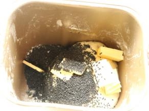 第一个程序结束，加入黄油和炒香的黑芝麻，再次开启面包机，揉一个15分钟的面团程序。