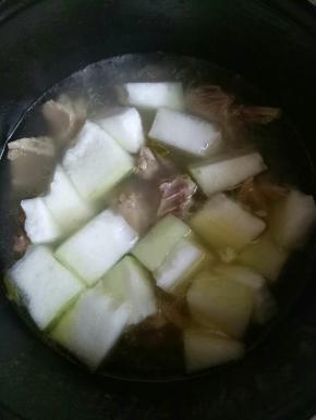 1小时后，倒入冬瓜继续小火烧20分钟，加入盐，鸡精，胡椒粉调味