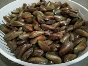 买回来的海瓜子，挑出破损的，有些开小口的不用扔，可以吃的，如果整个都开了，那就挑出来扔掉，有的海瓜子上面会有黑色的絮状物，没有关系，一手轻轻拿着壳，一手把絮状物拉出来就可以了，再倒入水，（有的会浮起来，不用捞起来，那也不是因为坏了的关系）用手轻轻搓几下，因为壳很薄，易碎还扎手，换几遍水直到水清澈，