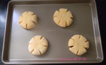 将面包胚放入烤盘里进行二次发酵，室温下发酵1个小时后，