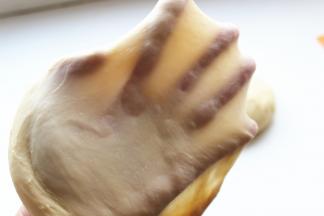 面团达到完全扩展状态，可以拉出手套膜，而且非常听话，很容易擀开。丹麦面包，因为只有一次发酵，所以面团一定要揉到位，不然叠被子的时候不容易擀开。