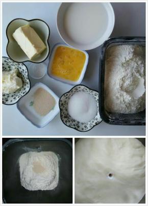 秤量好所有材料，黄油提前软化。把除黄油外，所有材料放入面包桶内，启动和面程序两个，揉到扩展阶段。取出放盆里盖保鲜膜进行发酵，发酵至二倍大时停止发酵