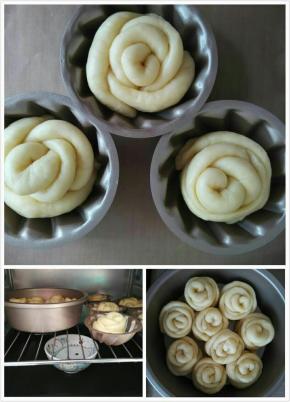 依次做好花型卷，放入6寸的模具中摆一圈（如果是8的正好是一圈），余下的放入花伞型模具中，放入烤箱里进行二次发酵。