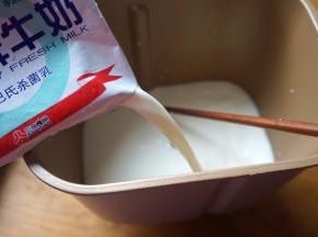 将剩下的两袋牛奶倒入桶中，利用牛奶入桶的冲击力，可以将菌粉均匀地融化；再用干净无油的勺子搅拌，以使酸奶菌溶解得更彻底