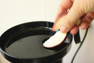 桃子块从投料口投入机器，必要时候用推杆推一下。