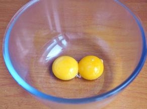 打蛋盆中放入两个蛋黄。