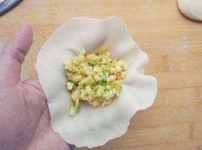 用勺子将适量馅料放在面片中心