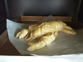 表面刷蛋液，摆在烤盘中，身体稍弯曲一点，比较有动态。二次发酵40分钟左右，入烤箱中层，上下火170度烤20-30分钟左右。