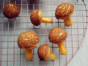 用裱花嘴将打发好的淡奶油从底部中间的小孔挤入，再把长条状的泡芙塞在里面，一个泡芙蘑菇就做好了