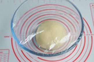 将揉好的面团放入烤箱中进行第一次发酵，在面团上盖一层保鲜膜，烤箱里放一碗温水，30度1小时（冬天时间根据面团发酵状态适当延长时间，而夏天30-40分钟常温发酵就够了。）