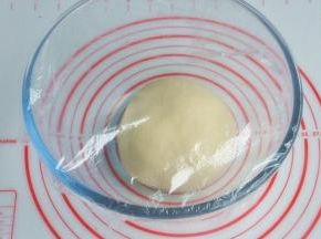 将揉好的面团放入烤箱中进行第一次发酵，在面团上盖一层保鲜膜，烤箱里放一碗温水，30度1小时（冬天时间根据面团发酵状态适当延长时间，而夏天30-40分钟常温发酵就够了。）