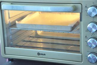 将蛋糕糊倒入垫好油纸的烤盘中，轻轻震出大气泡，放入提前预热好的烤箱，145度28分钟。