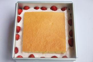 倒入一半的慕斯液，轻轻震去气泡，然后在中心放上小的蛋糕片。