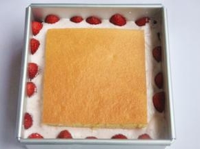 倒入一半的慕斯液，轻轻震去气泡，然后在中心放上小的蛋糕片。