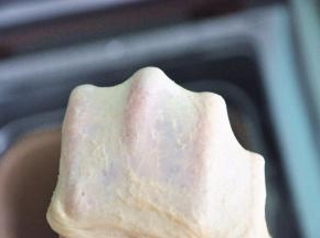 选择揉面程序10分钟面团揉至完全阶段，拉出手套膜，全麦吐司的组织没有普通吐司那么细腻光滑。