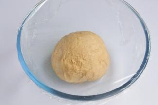 将揉好的面团放入烤箱中进行第一次发酵，在面团上盖一层保鲜膜，烤箱里放一碗温水，30度1小时。