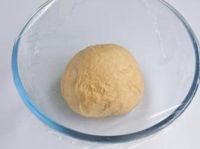 将揉好的面团放入烤箱中进行第一次发酵，在面团上盖一层保鲜膜，烤箱里放一碗温水，30度1小时。