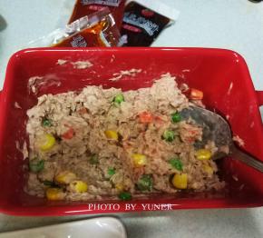 把金枪鱼跟沙拉汁拌匀。然后放在蔬菜沙拉上。