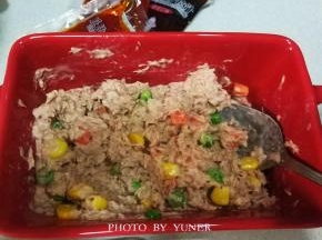 把金枪鱼跟沙拉汁拌匀。然后放在蔬菜沙拉上。