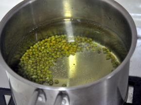 将绿豆淘洗干净，加入冷水，盖上盖子焖煮20分钟，煮至绿豆开花。如果喜欢汤鲜浓一些，可以用排骨汤替换清水。