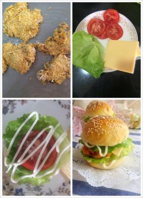 汉堡胚和鸡腿都准备好了，就可以开始组装汉堡了，先将汉堡胚切开两层，一层沙拉酱，一层生菜一层沙拉酱，一层番茄，一层沙拉酱，一层鸡腿，一层芝士，一层生菜，再挤上一层沙拉酱 ，最后盖上另一半汉堡胚，高大上的鸡腿堡就好了，口水已流一地了