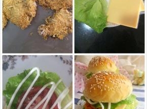 汉堡胚和鸡腿都准备好了，就可以开始组装汉堡了，先将汉堡胚切开两层，一层沙拉酱，一层生菜一层沙拉酱，一层番茄，一层沙拉酱，一层鸡腿，一层芝士，一层生菜，再挤上一层沙拉酱 ，最后盖上另一半汉堡胚，高大上的鸡腿堡就好了，口水已流一地了