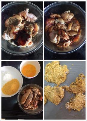 鸡腿也是用烤箱烤的，做法也很简单
鸡腿先去骨头，放入自己喜欢的调料，蚝油，生抽，盐，黑椒粉，辣椒粉，罗勒，八角，香叶，桂皮等等，自己喜欢的口味就行，最好提前一天腌好，腌好的鸡腿肉先沾一层面粉一层蛋液一层面包糠，放入烤箱200度20分钟，香喷喷的烤鸡腿就出炉了