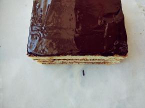 表面淋镜面巧克力淋浆，用抹刀抹两三次。我的巧克力比较少，如果量多，可以重复淋一次