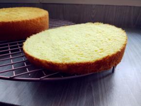 将烤好晾凉脱模的海绵蛋糕分层，顶部的那一层稍倾斜，不要水平分割