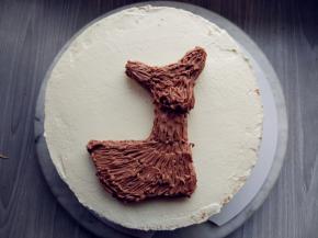 奶油霜分成若干份，其中一份调适量可可粉，装入剪口裱花袋，涂在表面。嘴部突出的部分多挤一些