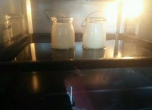 倒入布丁瓶中  烤箱预热好  烤盘放入一半的热水  然后放上布丁瓶  150度50分钟即可   摇晃瓶身凝固就好了