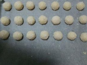 用手搓成一个个大小均匀的团  放入椰蓉中滚几圈均匀的沾上椰蓉   然后放入预热好的烤箱   130度烤20分钟左右  全程低温烤至内部熟透