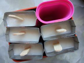 插入木棍，放入冷冻室，冷冻2小时左右至凝固后，再在每个模具中倒少许酸奶（或牛奶），继续冷冻