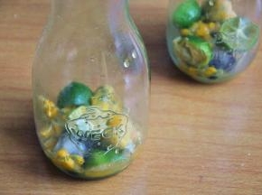 将青柠汁挤入杯中，然后投入青柠，一个杯中投2个，怕酸的话倒入适量的蜂蜜，也可以不放。