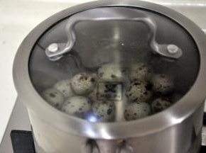 将鹌鹑蛋洗净，水煮10分钟放凉备用。