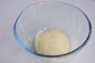 将揉好的面团放入烤箱中进行第一次发酵，在面团上盖一层保鲜膜，烤箱里放一碗温水，30度1小时。