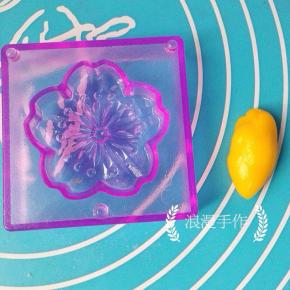 南瓜粉冰皮团取一块 ，均匀地把阳晨和果子模具中的冰花填满。