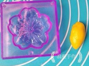 南瓜粉冰皮团取一块 ，均匀地把阳晨和果子模具中的冰花填满。