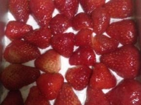 取一片杏仁达克瓦滋饼底 抹一层奶油摆上切好的草莓 重复摆好 抹一薄层奶油 把冷冻好的草莓冻摆在最上层 冷藏定型一小时