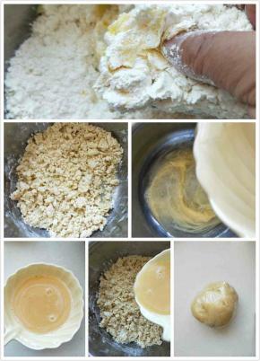 1.面粉加入软化的黄油里，用手抓至油粉融合。 2把鸡蛋黄，盐和水搅拌均匀倒入大致混合好的粉类揉搓成团，放入冰箱冷藏60分钟。